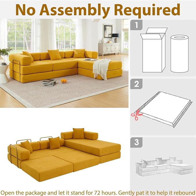 Convertible Folding Sofa Bed Modern Futon L Shaped Sleeper Sofa Fold Out Couch Bed with Gold Fixed Frame Modular Floor Sofas Comfy Corduroy Boneless Couches for Living Room (108 Yellow)