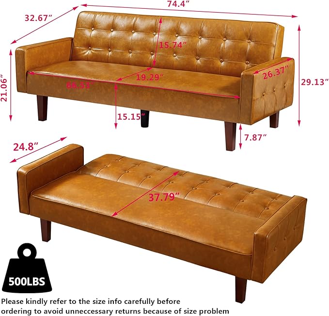 mikibama PU Futon Sofa Couch for Living Room Convertible Faux Leather Upholstered Futon Sleeper Sofa Bed Channel Tufted Bedroom Futons with Solid Wood Legs for Small Spaces