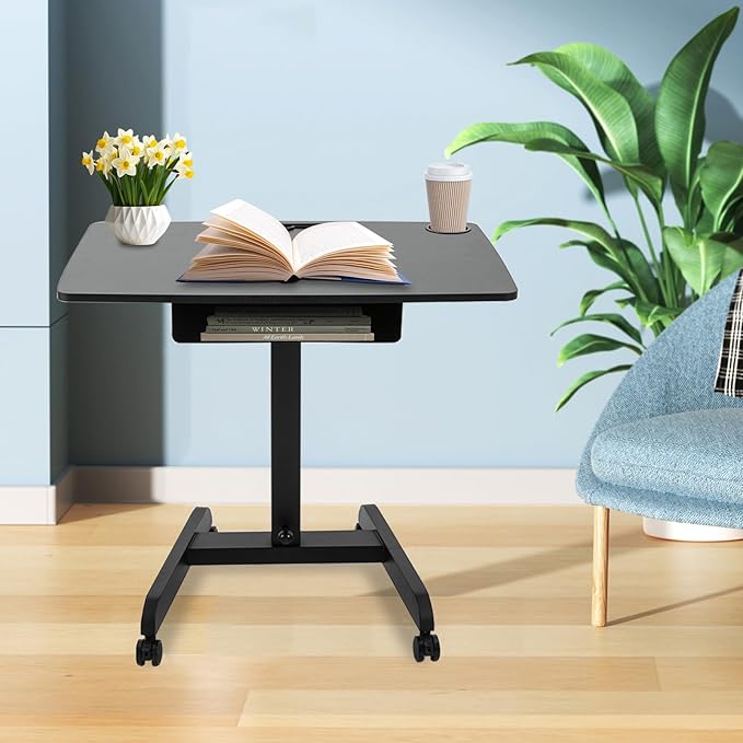 Adjustable Height Rolling Desk 33.07 Lbs Load-Bearing Capacity Freestanding Computer Desk Mobile Laptop Cart with Storage and 4 Universal Wheels for HomesOffices Classrooms(Black)