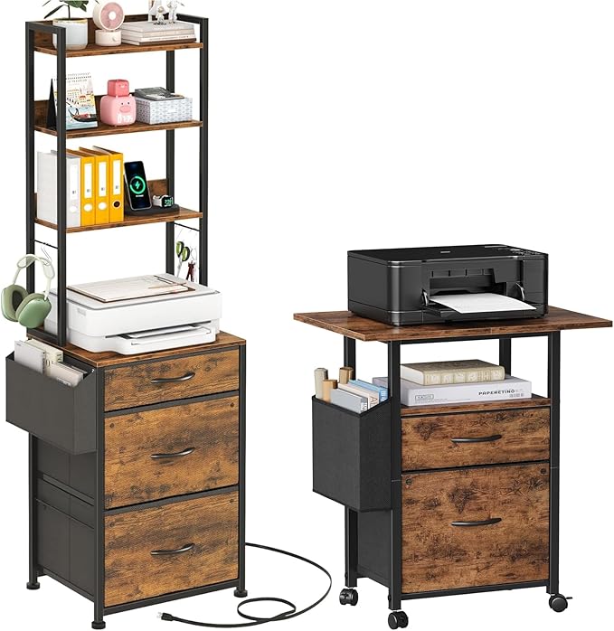 GYIIYUO 2 Drawer File Cabinet with 24'' Extended Desktop 3 Drawer Tall File Cabinet with Charging Station