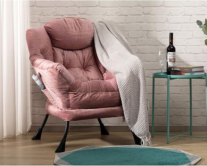 HollyHOME Lazy Chair with Armrest and Side Pocket Comfy Accent Lounge ChairLeisure Sofa Armchair for Living Room Bedroom Dorm or Small Spaces Oversized Reading Sofa ChairVelvet Gilding Pink
