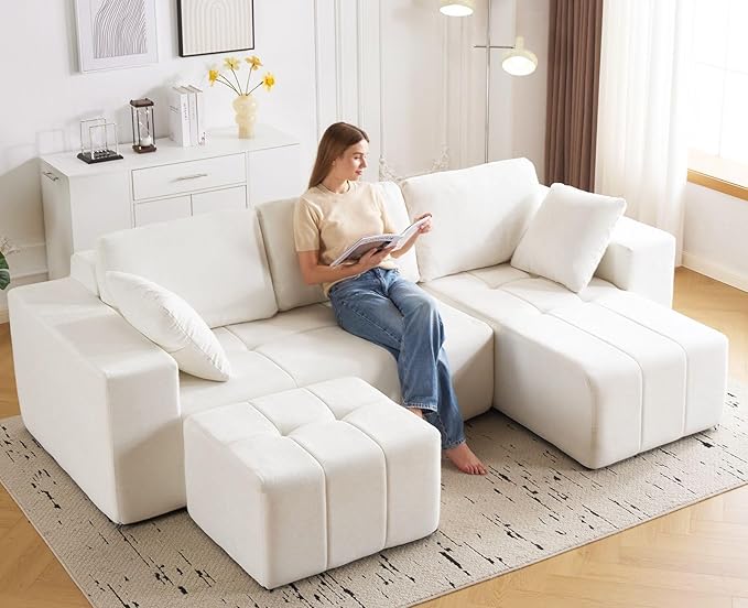 105 Cloud Modular Sectional CouchChenille Boneless Couches with Deep SeatUpholstered U-Shape Sofa with Chaise Sectional Couch with Ottoman No Assembly Required (Beige Right Facing Chaise)