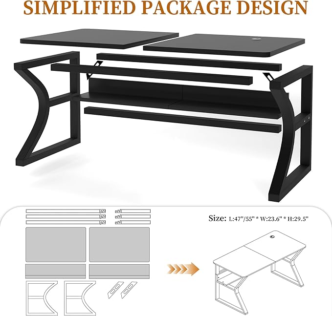 Oraspala﻿ Computer Desk 47 Inch Large Comouter Desk Home Office Desks with Storage Shelf Working Desk with Stable C-Shaped Legs Spacious Desktop for Home Office Gaming &amp Study (Black 47inch)
