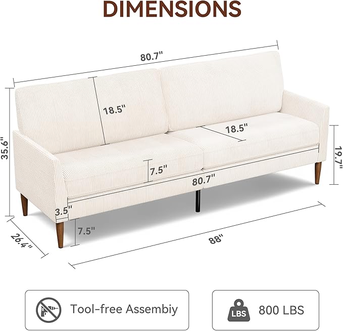 Vipbear 88 Loveseat Sofa - Cream White Comfy Corduroy with Spring Cushion Solid Wood Frame Modern Deep Seat Bedroom &amp Living Room Office Couch