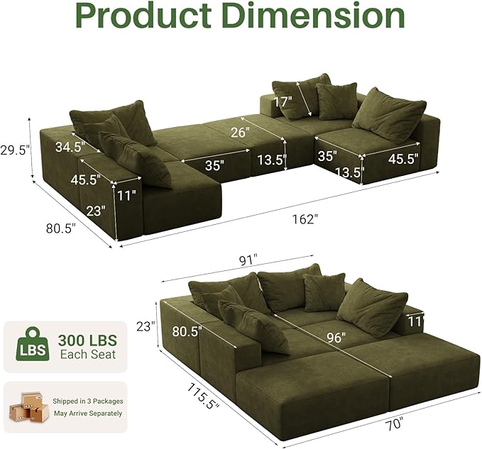 162 Oversized Cloud Couch Upholstered Modular Sectional Sofa with 6 Pillows Deep Seat Chenille Couches for Living Room Free Combination No Assembly Required (Green)