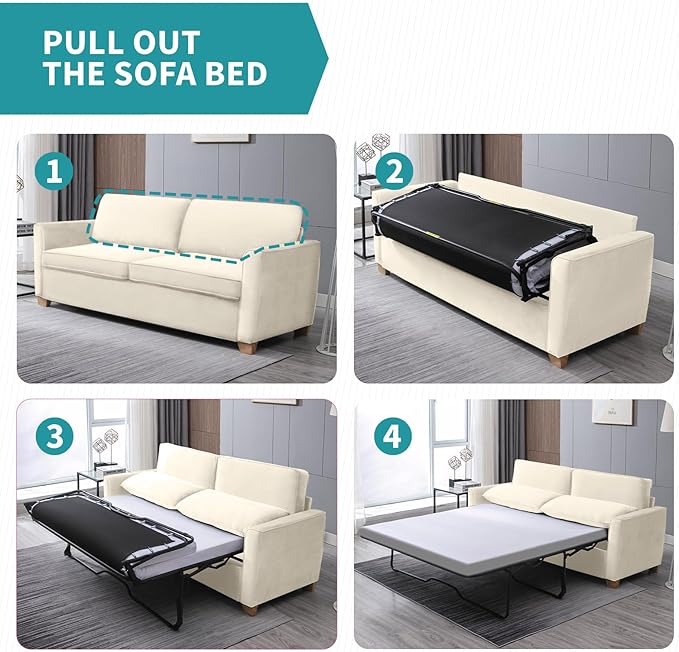 BALUS Velvet Full Size Pull Out Sofa Bed 71 W 2-in-1 Convertible Sleeper Sofa Pullout Couch Bed with Memory Foam Pillows and Mattress for Living Room Furniture Office Apartment Small Space Beige