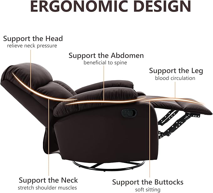 Swivel Rocker Recliner Chair Small Manual Reclining Chair with Overstuffed Arm and Back PU Leather Single Sofa Seat for Living Room Bedroom Dark Brown