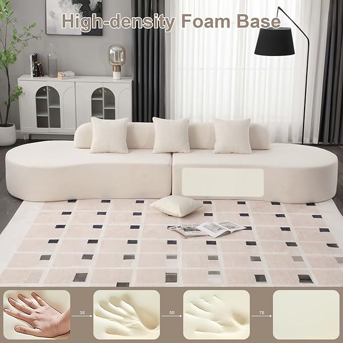130.5” Oversized Curved Sectional Sofa Modern Cloud Curved Couch Boneless Compression Sofa with 3 Pillows for Living Room Apartment Office No Assembly Required Terrycloth Fabric Beige
