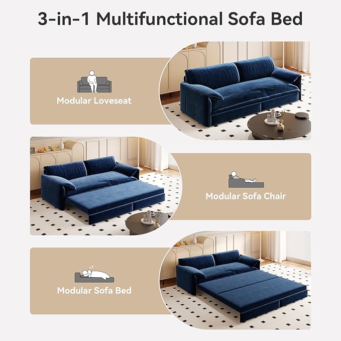 healthomse 66 Queen Size Sleeper Sofa Bed 3-in-1 Convertible Pull Out Sofa Bed with Side Storage Modern Velvet Loveseat for Living Room Bedroom Apartment Office Lounge (Dark Blue 66inch)