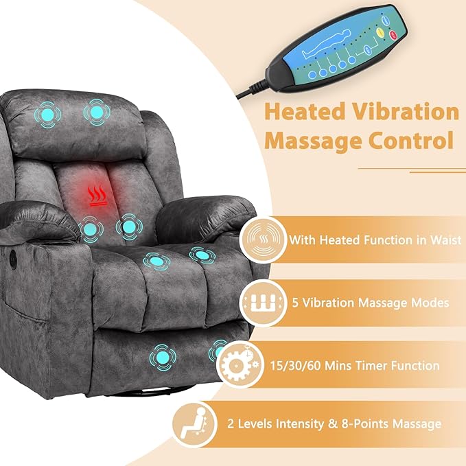 360° Swivel Glider Rocking Recliner Chair Overstuffed Manual Massage Recliner with Heat and Vibration Single Modern Sofa Home Seating for Living Room USB Ports/Cup Holders (Plush-Grey)