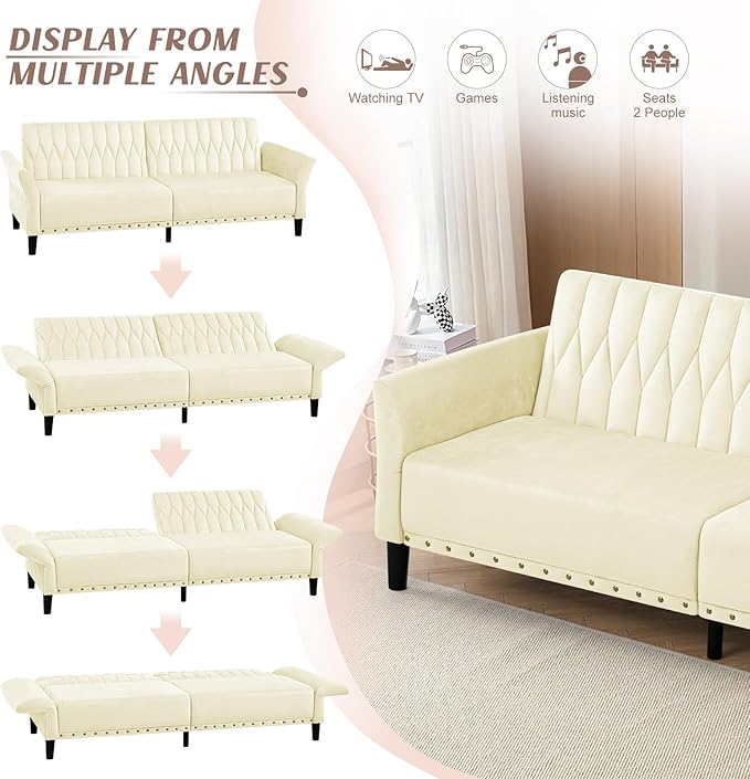 77” Velvet Sofa Bed with Adjustable Armrests and BackrestsTufted Convertible Futon Couch with Nailhead Trim Loveseat Modern Velvet Sleeper Sofa for Living RoomBedroomOffice Beige