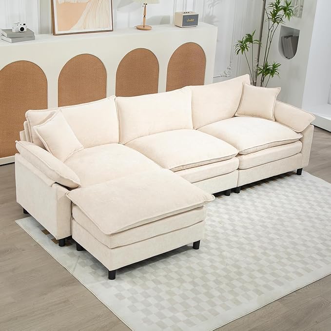 120 Sectional Sofa L-Shape Chenille Fabric with Pillows and Cushion3 Seat Modern Sofa Couch for Living Room Bedroom with 1 OttomanBeige