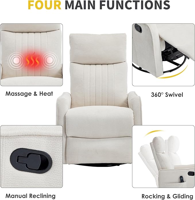 Swivel Rocker Recliner Chair 360° Swivel Recliner with Heat and Massage Rocker Recliner Nursery Glider Chair with Side Pockets for Living Room (Light Beige Fabric)