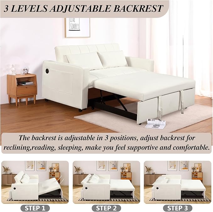 Sleeper Sofa Velvet Pull Out Sofa Bed Convertible Sofa Adjustable Backrest Loveseat Sofa Couch with USB Charging &amp Side Pocket for Living Room OfficeSmall Space-Beige