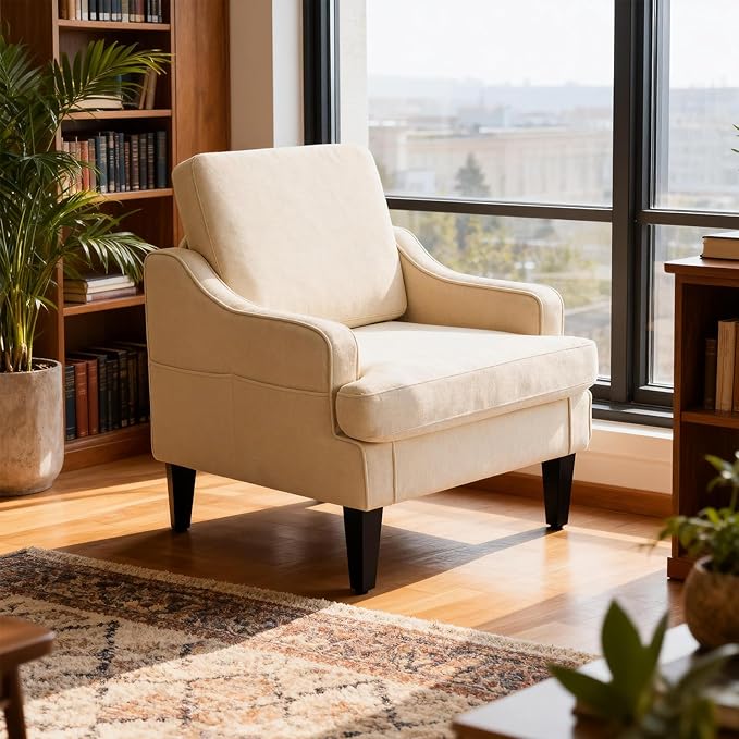 Accent Chair for Living Room Upholstered Living Room Chair with Side Pockets Comfy Accent Chairs for Bedroom Mid Century Modern Armchair for Office Apartment Waiting Room Club (Beige)