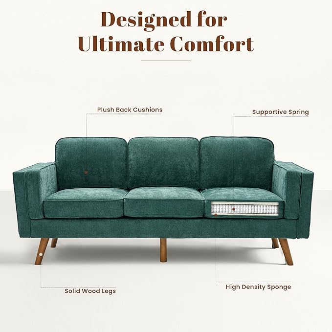 Kingfun Living Room Furniture Sets 3 Seater Couch and Armchair Mid Century Modern Sofa Set Chenille Couch with Solid Wood Frame for Living Room &amp Bedroom Green