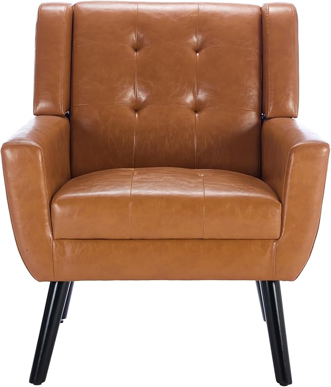 Modern Soft Leather Material Ergonomics Accent Chair Living Room Chair Bedroom Chair Home Chair with Black Legs for Indoor Home Light Brown PU
