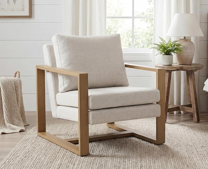 CIMOTA Modern Mid Century Accent Chair Comfy Armchair with 8.5 Thick Cushion &amp Armrests Upholstered Reading Lounge Chair with Natural Wood Frame for Living Room Bedroom Office Beige