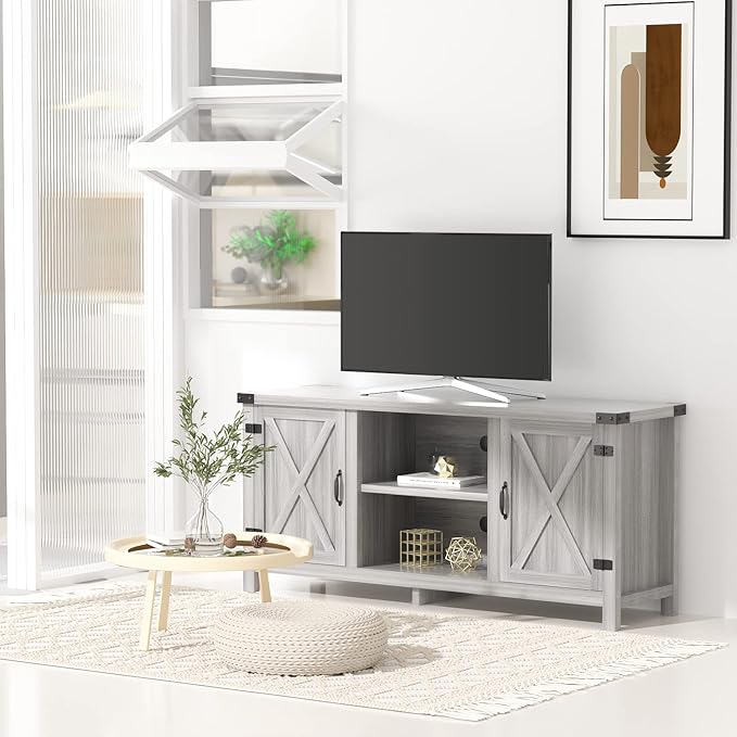 JUMMICO TV Stand 65 Inch TV Farmhouse Entertainment Center with Double Barn Doors and Storage Cabinets Console TV Table Media for Living Room Bedroom (Grey)
