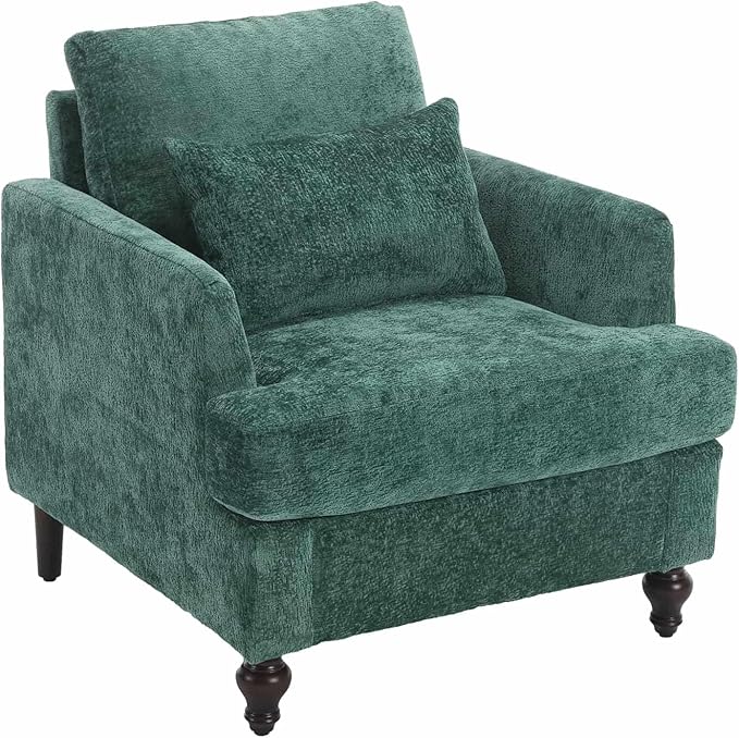 Wood Frame Armchair Modern Accent Chair Lounge Chair for Living RoomTufted Club Chair Mid Century Modern Arm Chairs with Studded Solid Wood Frame for Bedroom Reading (Emerald Chenille)