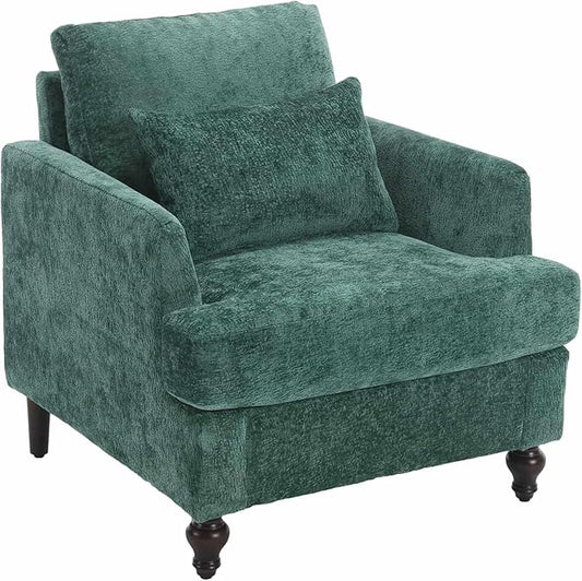 Wood Frame Armchair Modern Accent Chair Lounge Chair for Living RoomTufted Club Chair Mid Century Modern Arm Chairs with Studded Solid Wood Frame for Bedroom Reading (Emerald Chenille)