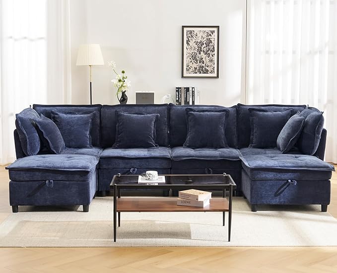 Oversized U Shaped Modern Sofa Couch 133 Modular Sectional Cloud Couch with Storage 6-Seat Chenille Deep Seat Sofa with 6 Pillows for Living Room Bedroom and Apartment Blue