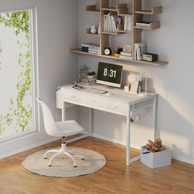 Lufeiya Small White Computer Desk with Drawers for Home Office Bedroom 40 Inch Vanity Desk with Fabric Drawer Storage and Side Pouch Study Writing Table White
