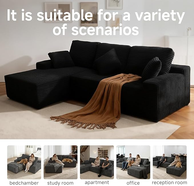 105 Cloud Modular Boneless Couch Left Facing L-Shaped Chaise Sectional Sofa - No Assembly Required Plush Corduroy &amp Memory Foam for Living Room Bedroom Apartment (Black)