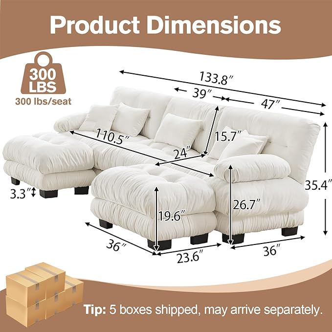 133.8 Oversized U Shaped Couch Chenille Upholstered Modular Sectional Sofa 3 Seater Deep Seat Sofa with 2 Ottoman Modern Cloud Couch w/Thick Seat Cushion Sectional Couches for Living Room
