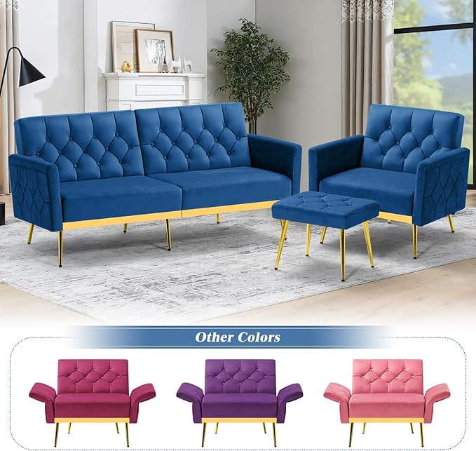 Velvet Accent Chair w/Adjustable Armrests and Backrests Tufted Single Sofa with Ottoman Upholstered Reading Chiar for Living Room Apartment Bedroom Blue