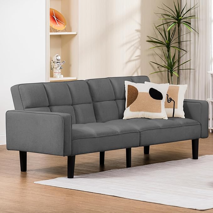 COMHOMA 76 inch Futon Sofa Bed Mid Century Modern Futon Couch with Adjustable Backrest Fabric Convertible Sofa Cama Folding Sleeper Sofa for Living Room Bedroom Dark Gray