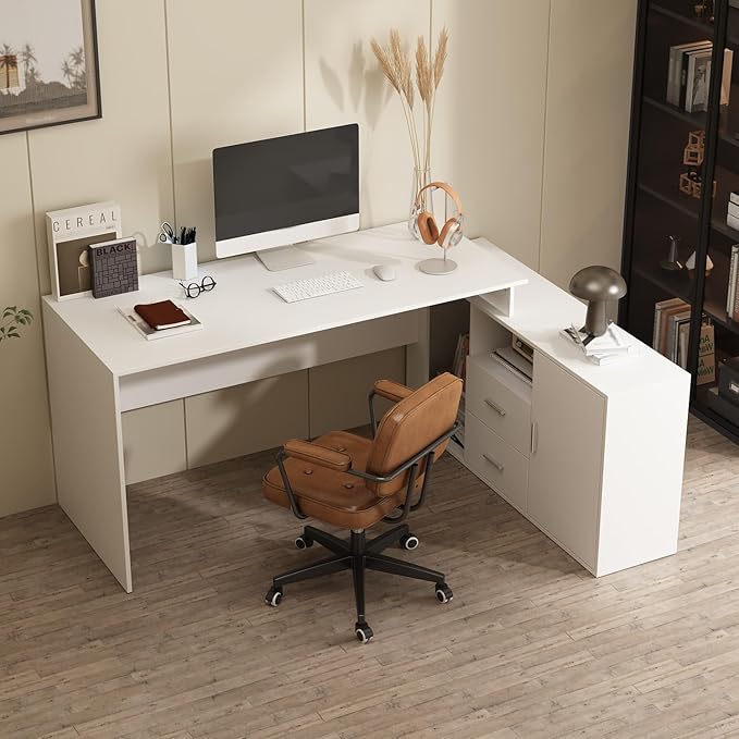 Corner Computer Desk L Shaped with Reversible File Cabinet Large Writing Table for Home Office with Shelves &amp 2 Drawers Convertible Office Desk Workstation Gaming Desk White