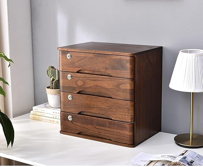 Solid Wood Storage Box Desk Organizers With LockFile Cabinet Office Desktop Debris Storage Box Locking Filing Cabinet 2/3/4 Drawers (4 Layer)