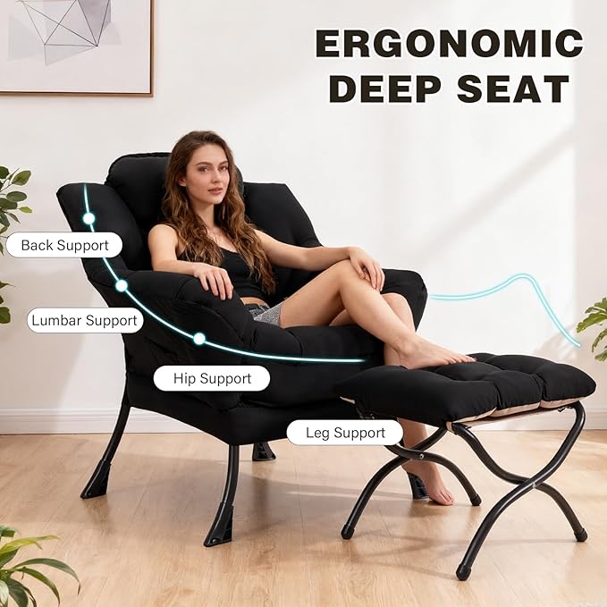 Lazy Chair with Ottoman Modern Accent Chair Contemporary Lounge Leisure Sofa Chair with Armrests Reading Chair and Folding Footstool Set for Living Room Bedroom Office Black