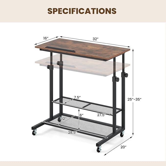 Giantex Mobile Standing Desk Adjustable Rolling Computer Desk w/Tilting Desktop &amp Storage Shelves PC Laptop Table Small Compact Desk on Wheels for Small Space Living Room &amp Bedroom (Rustic