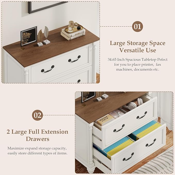 Farmhouse Lateral File Cabinet 2 Drawers File Cabinet for Legal/Letter/A4 Size Hanging Files Large Wood File Storage Cabinets Printer Stand for Home Office Cabinet White