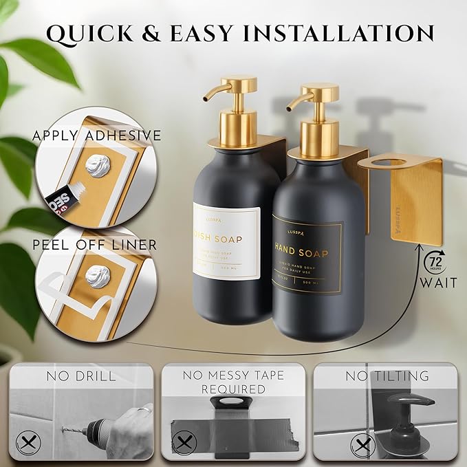 Shower Shampoo Dispenser Wall Mounted – 3 Refillable 16.9 oz Black Bottles with Stainless Steel Pumps &amp No-Drill Adhesive Holders – Soap Dispenser Set for Bathroom (3 X Black/Gold)