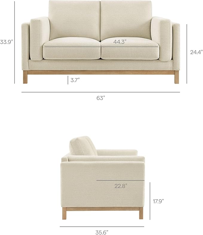 Modway Roscoe 63 Inch Fabric Loveseat in Ivory - Comfortable Upholstered 2 Seater Couch for Living Room Apartment or Office Seating
