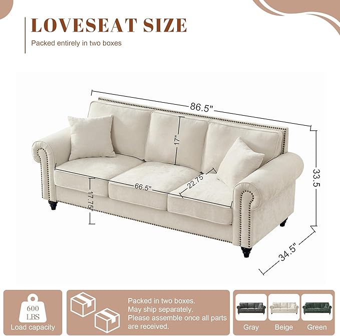 TTK 86 Modern 3-Seater Sofa with Rolled Arms Chenille Upholstered Couch with Sturdy Wood Legs and Elegant Nailhead Trim Comfortable Living Room or Apartment Sofa for Small and Large Spaces Beige