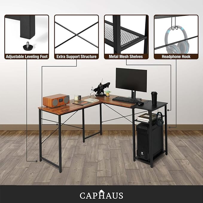 CAPHAUS 51 Inch L-Shaped Desk with 2-Tier Shelves &amp 220lbs Capacity - Home Office/Gaming/Study Corner Workstation Easy Assembly P2 Board Headphone Hook Industrial Design Rustic Oak and Black