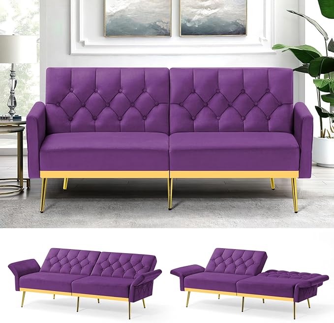 Velvet Sofa Bed w/Adjustable Armrests and Backrests Modern Convertible Sleeper Sofa Tufted Futon Sofa for Bedroom Living Room Apartment Purple