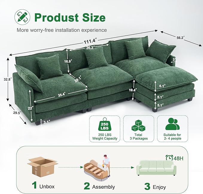 111.4 Modular Sectional Sofa｜Comfy Cloud Couch with Movable Ottoman Deep Seat｜Chenille L Shaped Modular Sofa Sectional Couches for Living Room Bedroom and Apartment｜Green