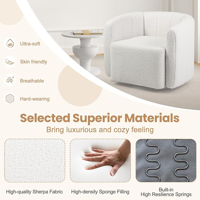 KOMFOTT Swivel Barrel Chair Set of 2 Sherpa Fabric Accent Chair with Curved Backrest &amp Armrests Upholstered Armchair with Wide Seat Pumpkin Shaped Single Sofa Chair for Living Room Bedroom Wh