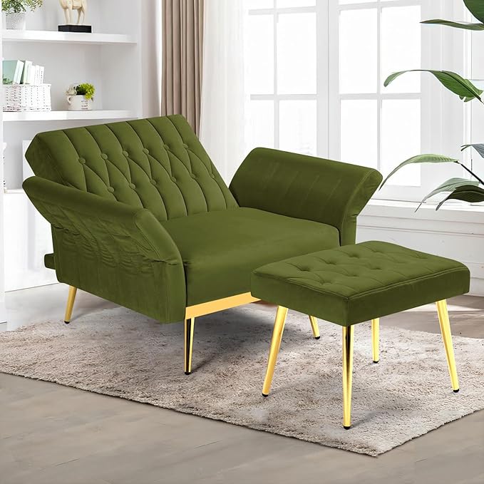 Velvet Accent Chair with Adjustable Backrest and Armrests Single Recliner Armchair with Ottoman and Golden Mental Legs for Living Room Bedroom and Waiting Room Olive Green