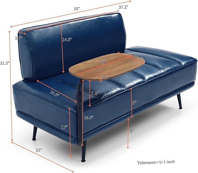 Homtique Waiting Room Bench Seating with 360-Degree Swivel TraySalon Reception BenchGuest Lobby ChairBeauty Barber FurniturePU Upholstered Couch with Metal Legs and Backrest (PU with Tray Navy)