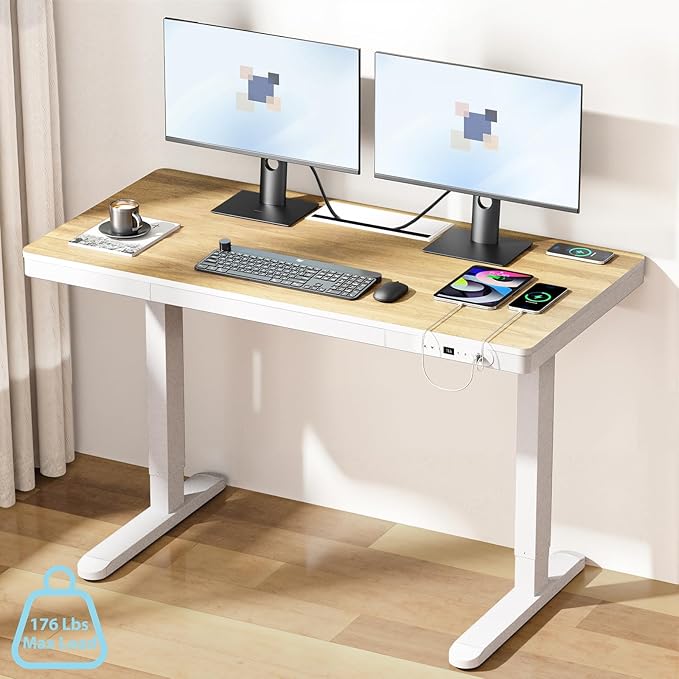 Electric Standing Desk with Drawer &amp Wireless Charging Height Adjustable Sit Stand Desk with USB Charging Station Hidden Cable Management Tray 48 Ergonomic Home Office Computer Desk Light Woo