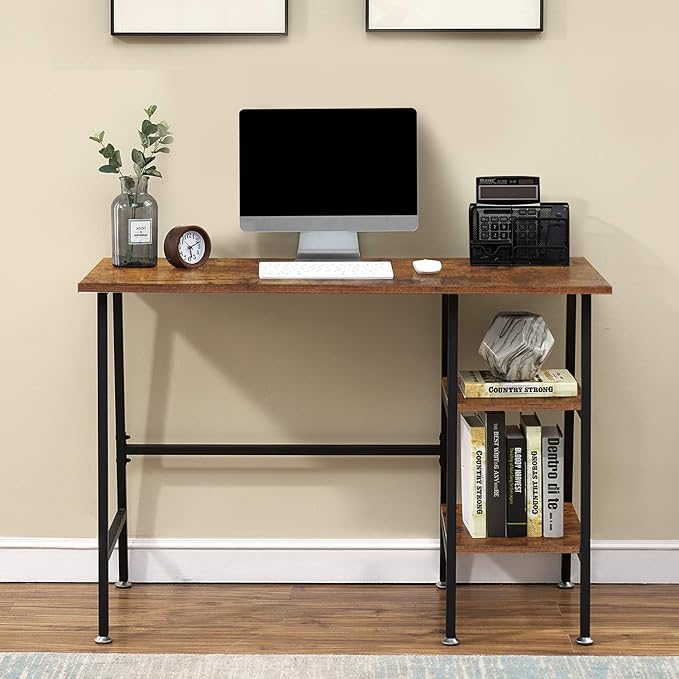 VECELO 43 Inch Computer Desk Home Office Classic Walnut Study Desk Work Office Table with Shelves Wooden Desk for Bedroom