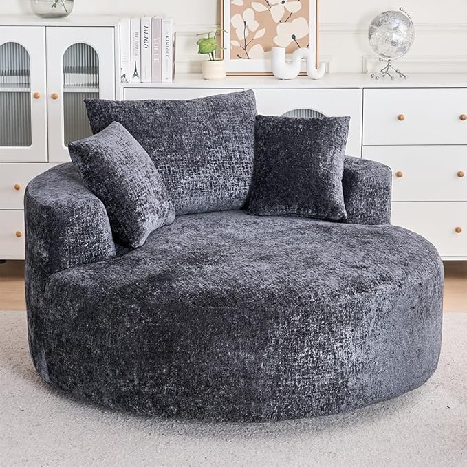 Swivel Accent Barrel Chair Oversized Modern Akili Upholstered Sofa Lounge Club Leisure Chair Round Chair for Hotel Living Room with 3 Pillows (Black Chenille) 15D x 38.6W x 50H in