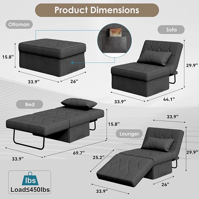 Convertible Sofa Bed with 5-Level Adjustable Backrest 70 D x 34 W 4-in-1 Folding Ottoman Sleeper Chair Bed Modern Single Futon Couch for Living Room Apartment Dorm Small Space Dark Grey