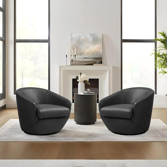 Swivel Barrel Accent Chair Modern Round Faux Leather Arm Chair for Living Room Bedroom Comfy Club Reading Chairs for Adults(Faux Leather Black Set of 1)